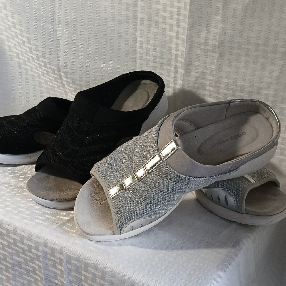 2 Pair Easy Spirit Slip- on Silver and Black Sandles